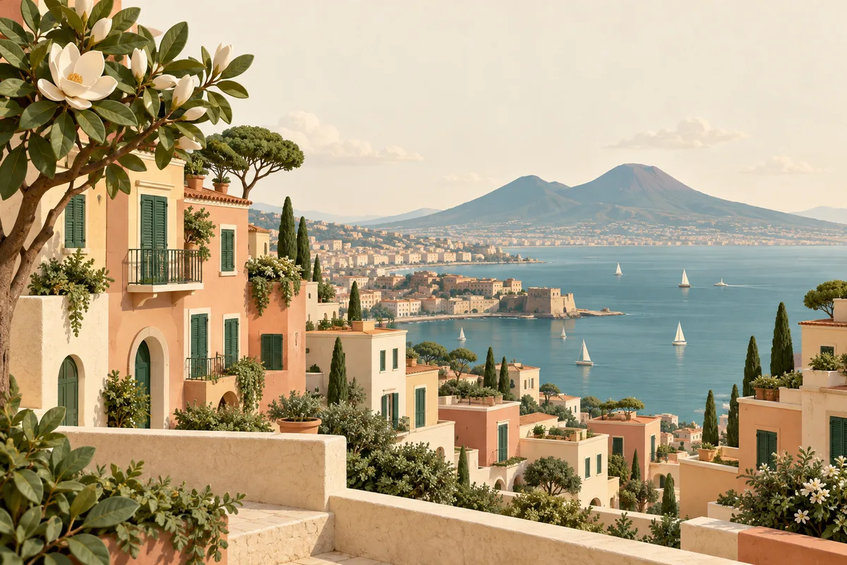 Illustrazione di abitazioni campane affacciate sul golfo, con il Vesuvio sullo sfondo.