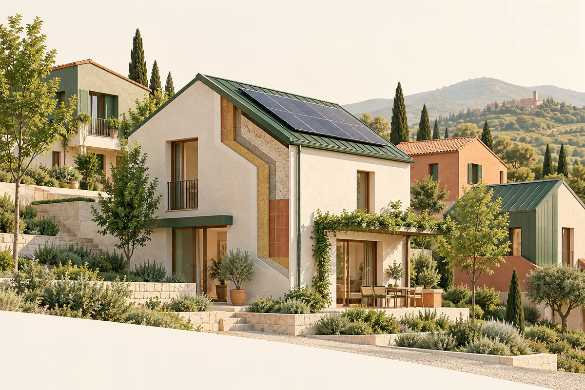 Illustrazione di una casa con isolamento e pannelli fotovoltaici sul tetto.